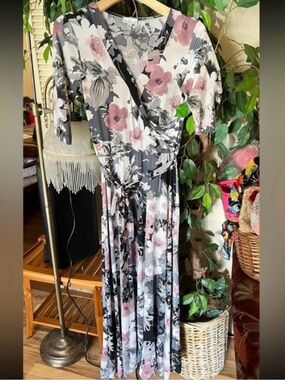 Olivia Matthews Floral Wrap Maxi Dress - Pink & Gray